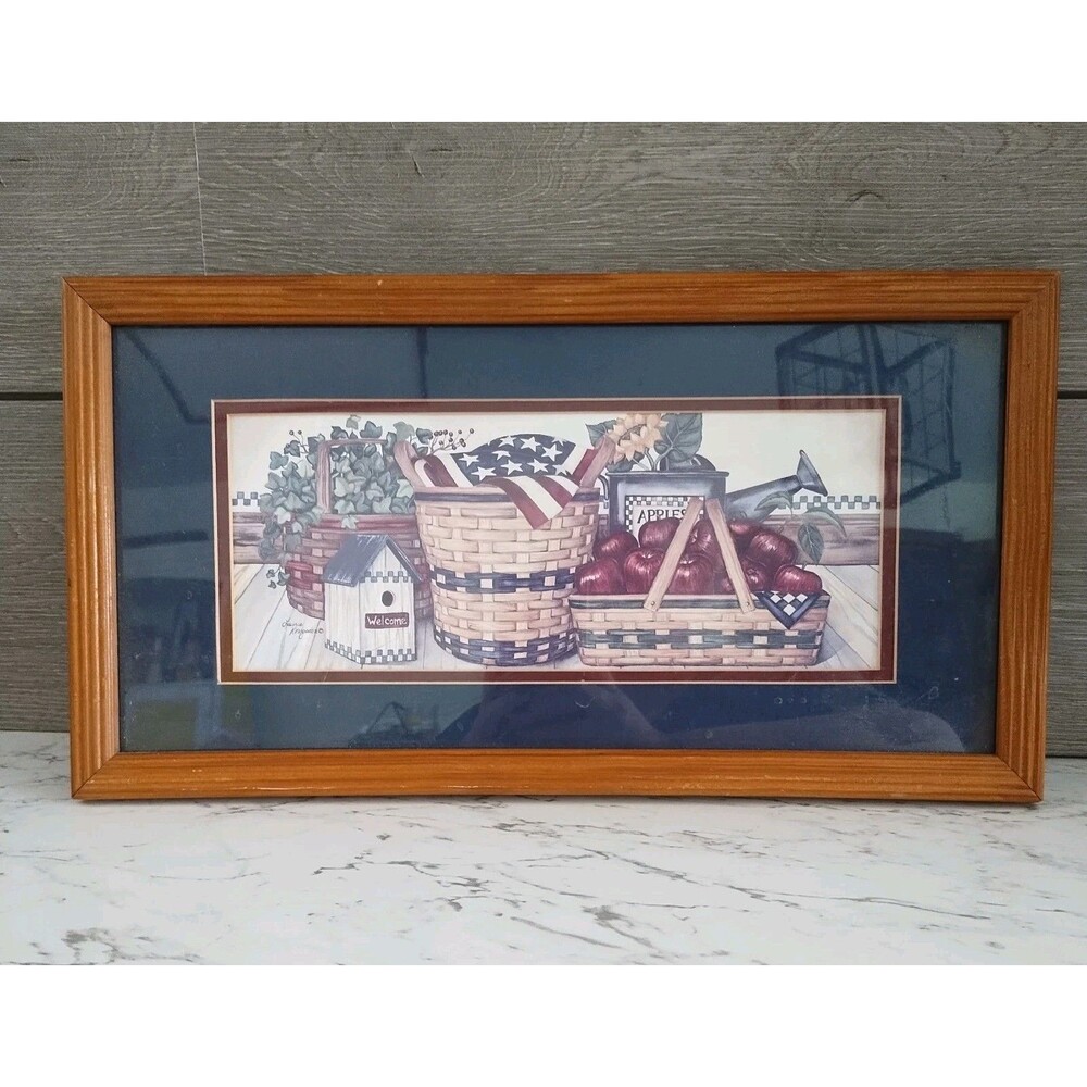 Vintage Country Cottage Basket Apples Americana Framed Print Laurie Korsgoden
